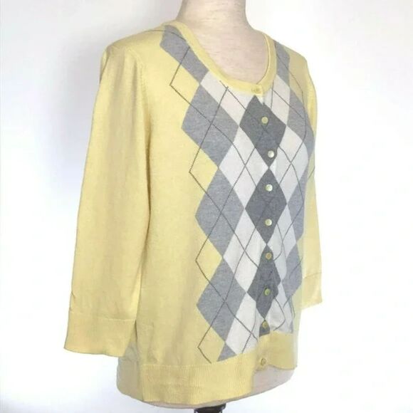 Talbots Argyle Cardigan Sweater Medium, Yellow/Gray Pattern - Picture 5 of 7